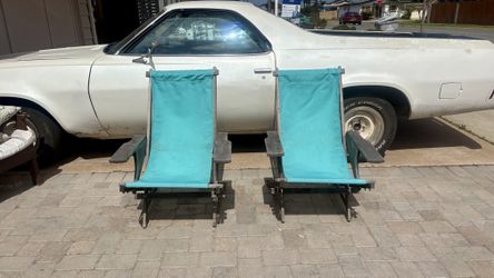 Vintage Folding Wood Sling Lounge Chairs – Pair – Beach / Patio Style – $95