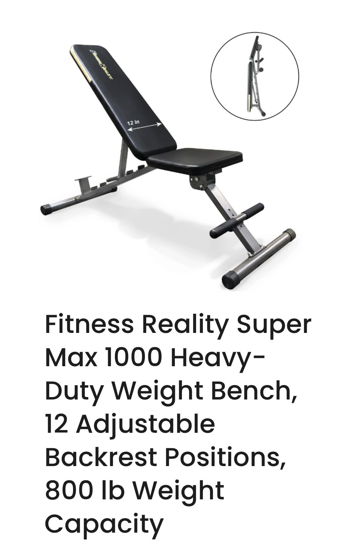 Fitness Reality Super Max 1000 Heavy-Duty Weight Bench, 12 Adjustable Backrest Positions, 800 lb Weight Capacity