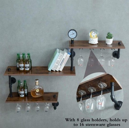 Wine Rack Wall Mounted Corner 3 Tier, Hanging Floating Small Mini Bar Liquor Shelves with Glass Holder Storage Under