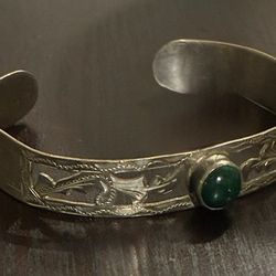 Sterling Silver Cuff Bracelet with Green Stone.