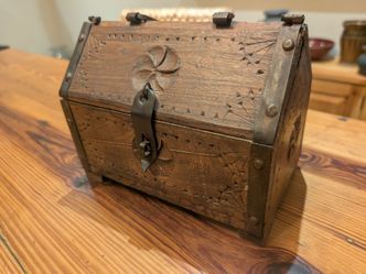 Hand-Carved Folk Art Wooden Box w/ Iron Straps & Latch (8" x 5" x 6.25")