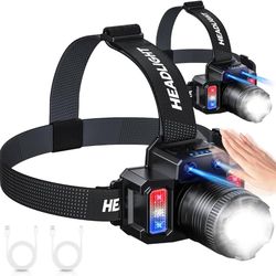 Headlamp Rechargeable 2 Pack, Motion Sensor Headlamp Super Bright LED Flashlight with 5 Lighting Modes, Zoomable Spotlight & Floodlight, Waterproof 36