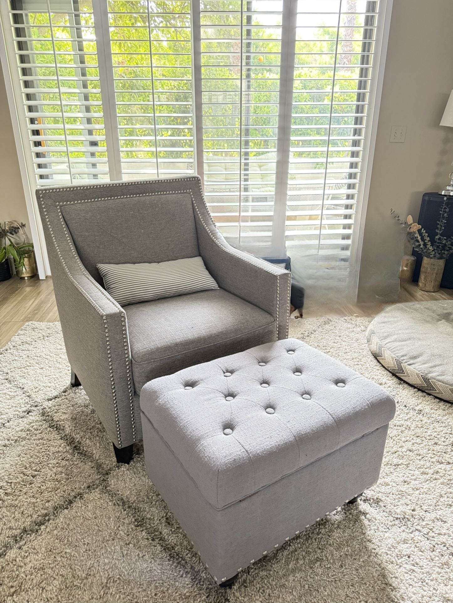 Grey Accent chair & storage Ottoman 