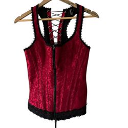 icollection Red Brocade Boned Lace Up Racerback Overbust Corset with Zip size 34