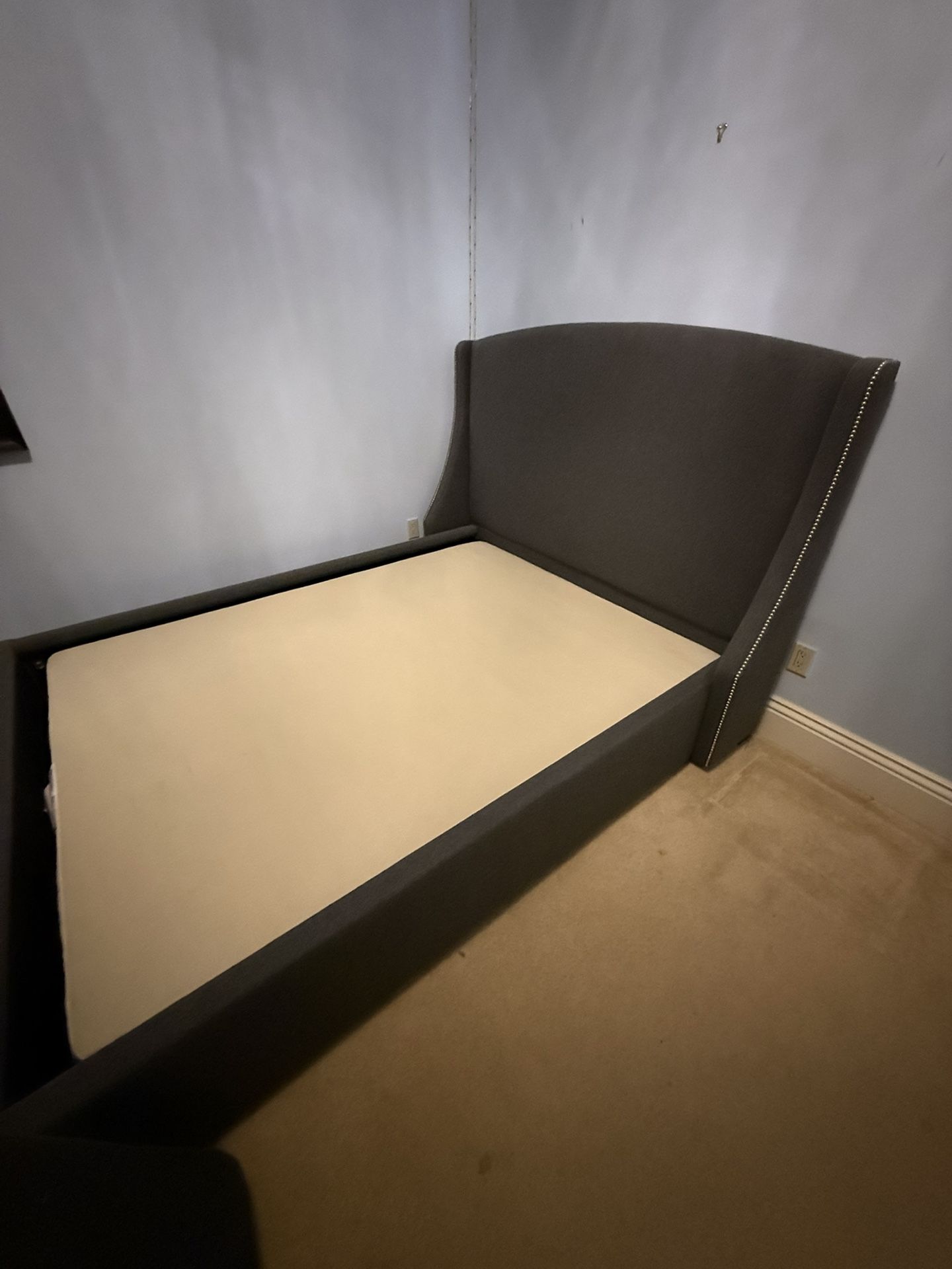 Modern Queen Upholstered Wingback Bed Frame Charcoal Fabric Nailhead Trim Foundation