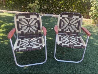 Vtg Midcentury Aluminum Folding Lawn Chair Macrame Weave Woven Brown RARE