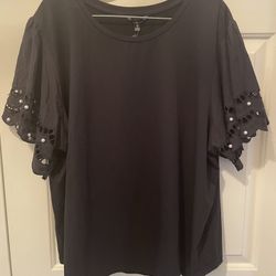 More Love & Lace Black Top 3x Eyelet Pearl Sleeve Cotton Blend NWT 