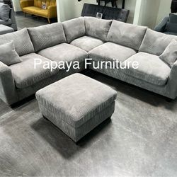 New! Plush Sectional Sofa And Ottoman, Corduroy Sectional, Sofa, Couch, Grey Sectional, Gray Sofa, Grey Couch, Soft Plush Sectional, L-Shaped Couch  D