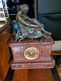 Vtg 50lb French Marble Mantle Clock w/signed bronze sculpteur by James Pradier