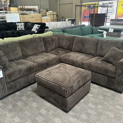 Brown L Shaped Comfy Sectional And Ottoman 