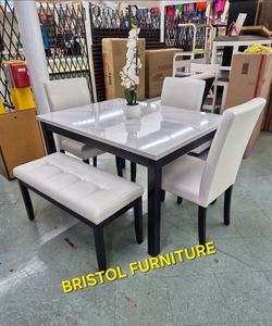 🏠 Dining Set 5 pc, White Faux Marble Top, Black Frame, White Leather Chairs, New in the Box.