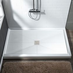 WOODBRIDGE SBR4C Solid Surface Shower Base with Recessed Trench Side Including Stainless Steel Linear Cover, 48" L x 36" W x4 H,Center Drain W