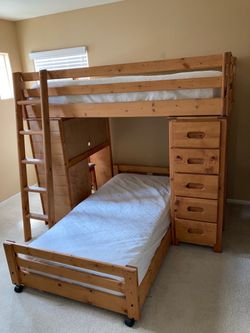 Deluxe wood Kids room bunk bed set with never used mattresses , desk/chair storage.
