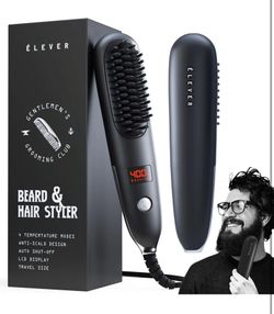 Straightener For Men - 2-1 Heated Beard Brush & Hair Straightener with BONUS pouch | Fast, Anti-fizz, Ionic Beard Comb. Powerful Beard Straightening