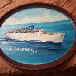 Vintage one-of-a-kind original & unique hand painted restaurant serving tray depicting "M.V. THE VICTORIA-1986" ocean liner signed by artist.