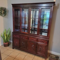 Vintage Chinese Wooden Display Cabinet With Engraved Dragons On The Doors, And On The Drawers.