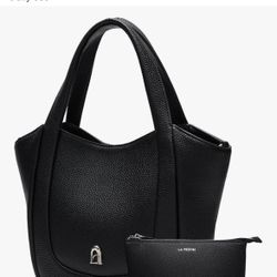 LA FESTIN Women's Small Tote Bag with Pouch,Genuine Leather Top Handle Purse,Casual Crossbody Handbag for Daily Use