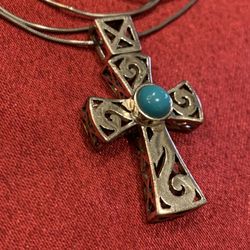 Dimensional 925 Sterling Silver & Turquoise Cross Pendant Necklace