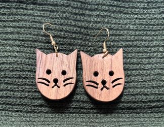 Cat Earrings Walnut Hand Made