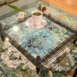 Square Glass And Real Wood Coffee Table