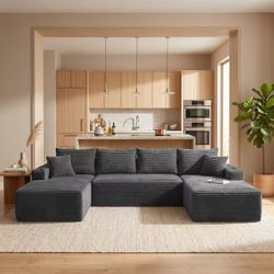 133" U-Shaped Modular Sectional Sofa, Boneless Couch, Black Cloud Luxury Comfort, Couches for Living Room, Storage & Cupholder, Oversized Corduroy Sof