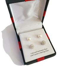 Cultured Pearl & Crystal Sterling Silver Earring Set 2 Pair Gift Boxed