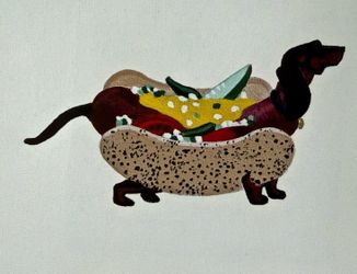 Skylar Tharp Chicago Hot Dog Dachshund Art Print - 8” x 8” (Art image is 6 x 6)   Whimsical art print on white paper with a square image of a dachshun