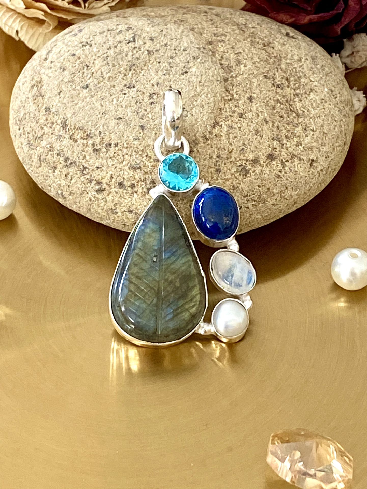 Carved Labradorite, Pearl, Rainbow Moonstone And Lapis 925 Sterling Silver Overlay Pendant