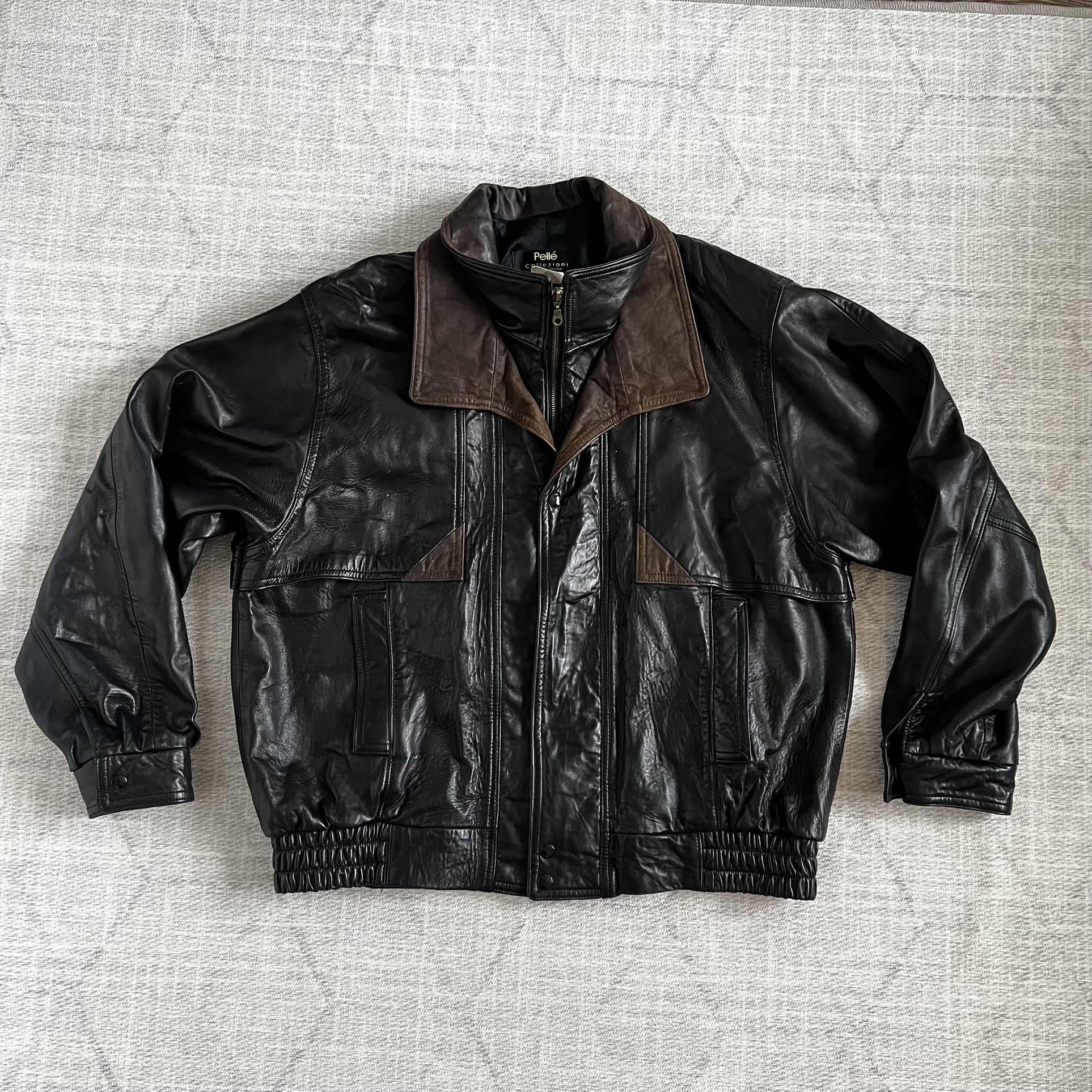 Vintage 1990s Pelle Collezioni Men’s Black/Brown Casual Leather Zip Up Jacket
