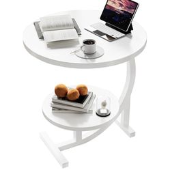 Mesa C-Shaped End Table,2 Tiers Round Side Table,Sofa Small Side Table for Living Room, Bedroom,Bedside Small Space,White