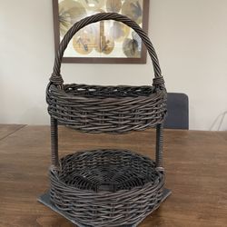 Crate & Barrel 2-Tiered Wood Basket With Handle