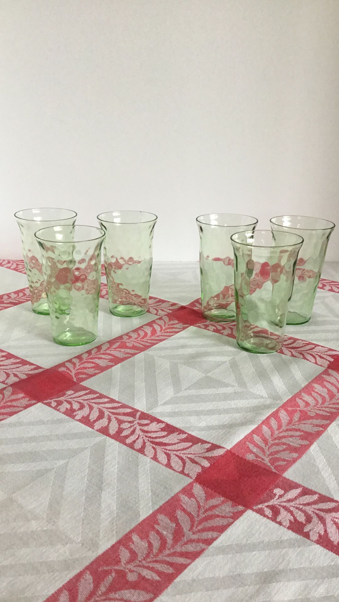 6 Green Depression Ware Juice Glasses 4” High Antique Collectible