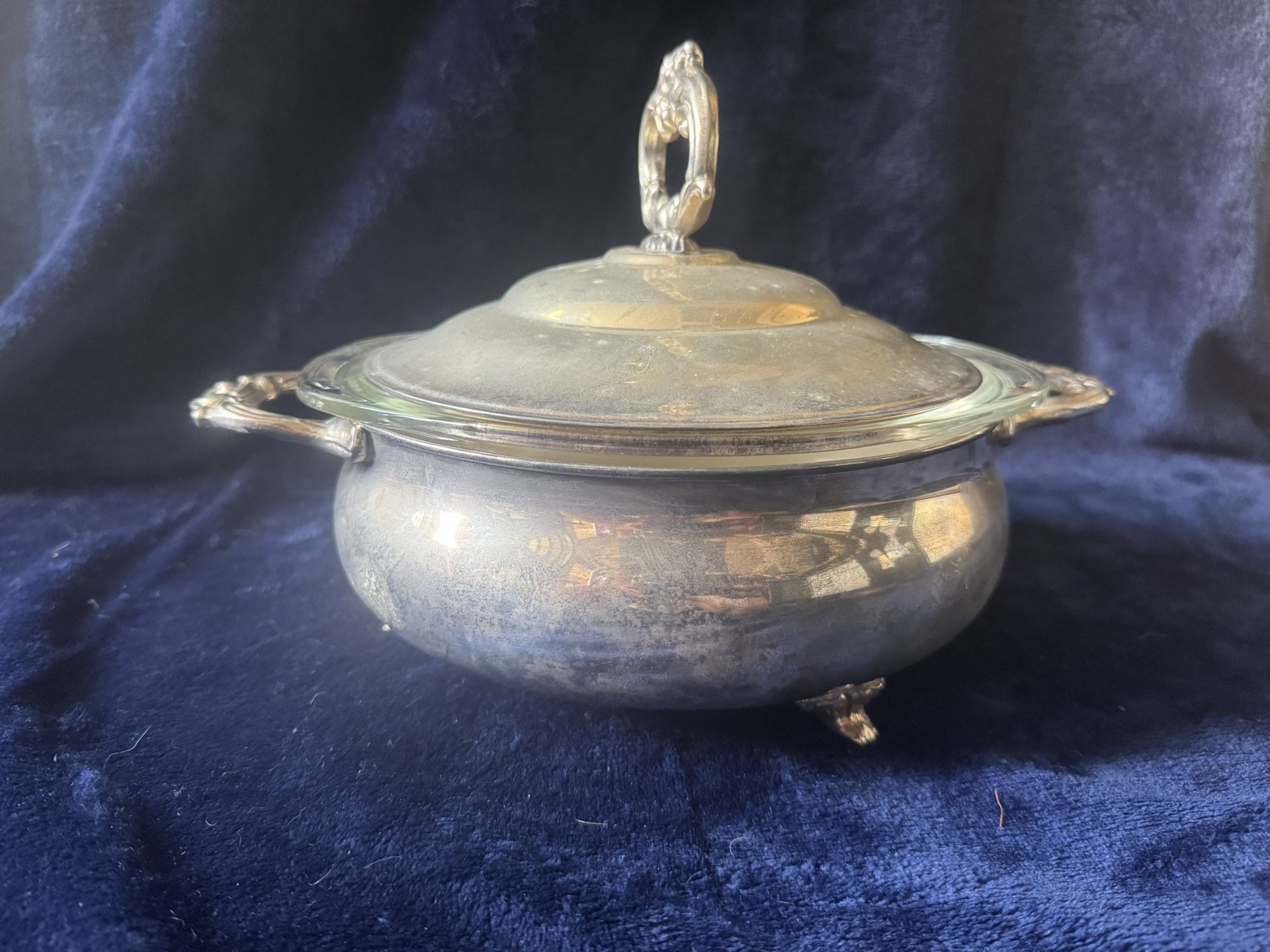 Vintage Silverplate Serving Bowl with Lid + Glass Pyrex Insert