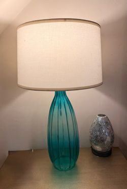 Large Modern Teal Glass Table Lamp with Drum Shade