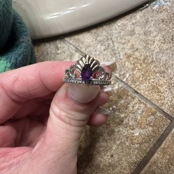 Jewelili Enchanted Disney Fine Jewelry Sterling Silver and 10K Rose Gold with 1/10 Cttw Diamonds and Amethyst Ariel Shell Tiara Ring.