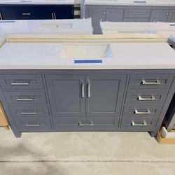 60 in. W x 22 in. D Single Sink Bath Vanity in Gray with White Top $925 