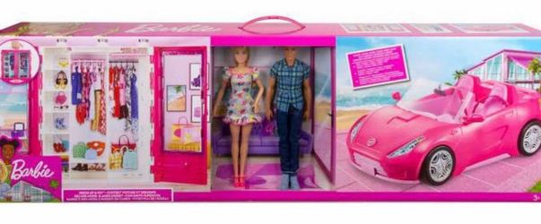 Barbie and Ken Doll with her Wardrobe and Pink Two-Seater Convertible car. Includes Accessories.
