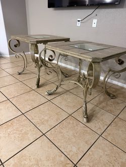 Ornate Metal and Tile Top Table Set