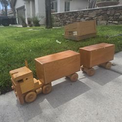 Vintage, handmade wooden semi-truck toy