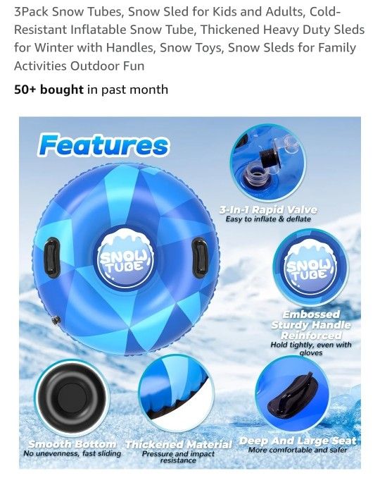 2 Pack Snow Tubes Snow Sled for Kids and Adults, Cold-Resistant Inflatable Snow Tube, Thickened Heavy Duty Sleds for Winter with Handles, Snow Toys