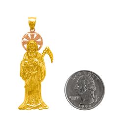 14K Two Tone Gold Santa Muerte Pendant