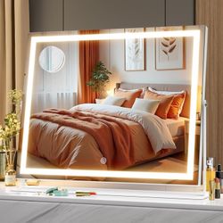 Vanity Mirror with Lights-15" LED Makeup Mirror, 3 Color Modes Touch Control and Brightness Adjustment Lighting Mirror, 10X Magnifying Glass, 360° Rot