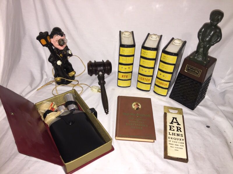 Vintage bar collection , decanter , light , liquor dispenser, mombo, gavel and book from NYC