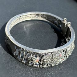 Vintage Art Deco Jewelry .925 Sterling Silver fancy thick cuff elephant 🐘 bracelet 9.00” 20.00mm 35.50g