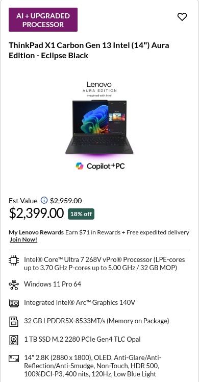 Lenovo ThinkPad X1 Carbon Gen 13 Aura 14” OLED ULTRA 7 268V vPro 32GB 1TB 4Y