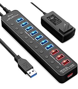 APANAGE Powered USB 3.0 Hub, 11 Ports USB Hub Splitter (7 High Speed Data Transfer Ports + 4 Smart Charging Ports) with Individual On/Off Switches an