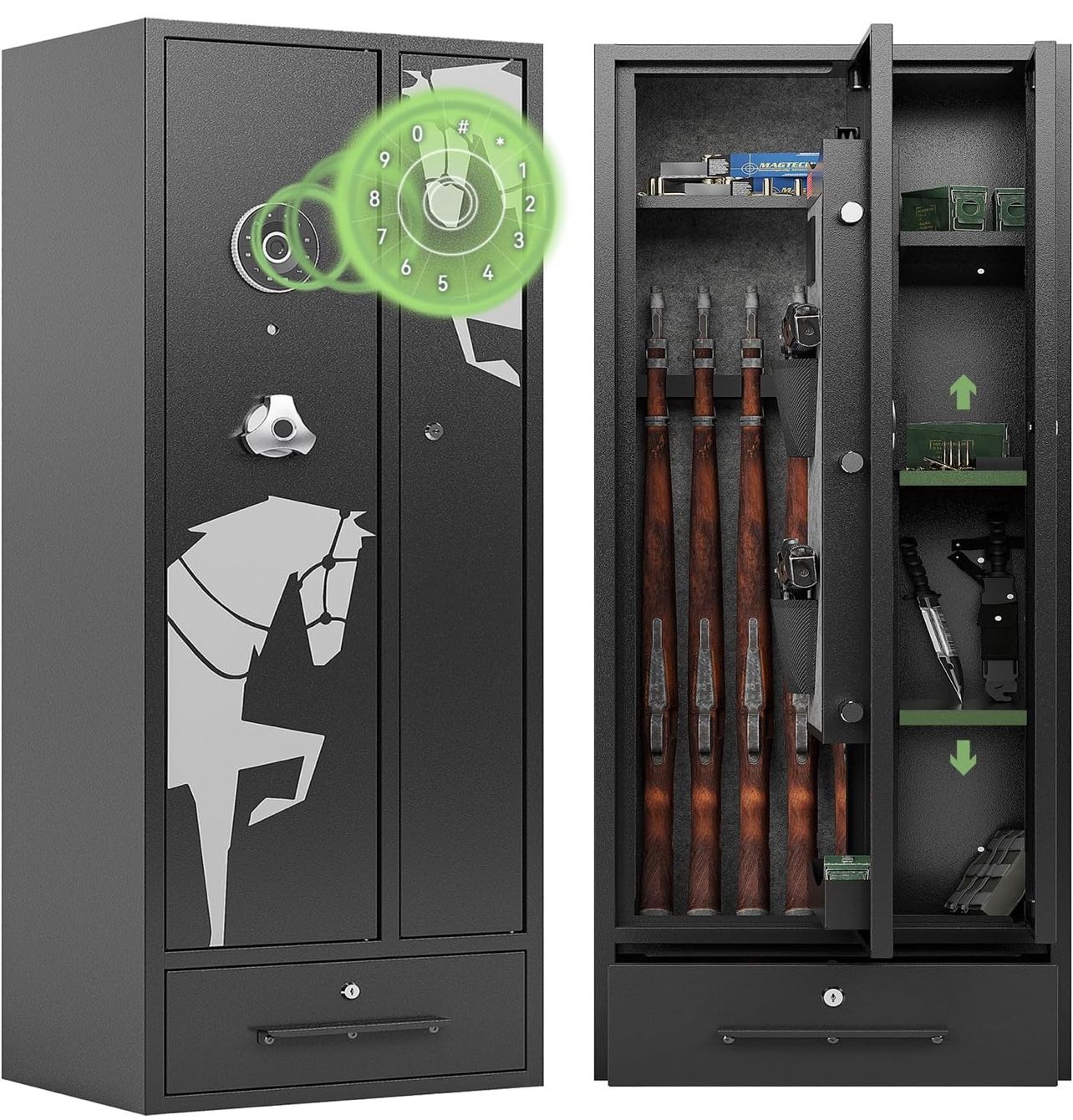 0960 5-6 Gun Safe, Heavy-Duty Gun Safe for Rifles and Pistols with Digital Touch Keypad, Large Gun Cabinet with Lockable Drawer, Rilfe Safes for Shotg