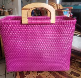 Hand made plastic Woven Tote Bag with Wooden Handles