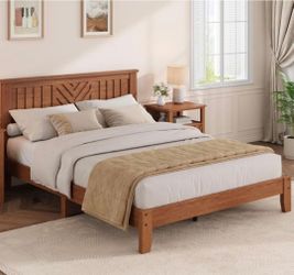 Engineered Wood Queen Platform Bed Frame with V-Pattern Headboard, Noise-Free Slat Support, No Box Spring Needed, Easy Assembly, 7.8" Under-Bed Storag