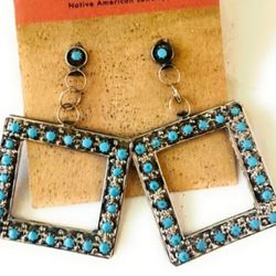 Zuni Handmade Turquoise Snake Eye Sterling Silver Earrings